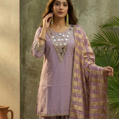 Floral Embroidered & Mirror Work Straight Kurta With & Farsi Salwar & Dupatta
