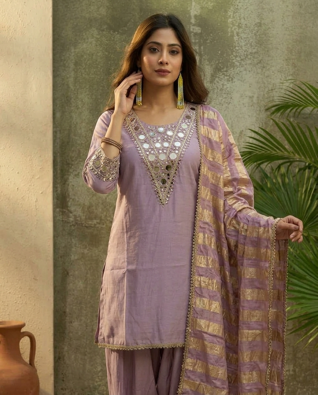 Floral Embroidered & Mirror Work Straight Kurta With & Farsi Salwar & Dupatta