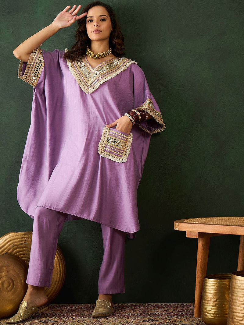 Purple V-Neck Short Sleeves Regular Mirror Work Kaftan Kurta With Trouser