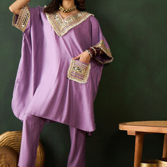 Purple V-Neck Short Sleeves Regular Mirror Work Kaftan Kurta With Trouser