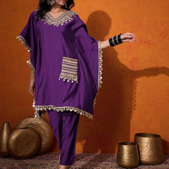 Ethnic Motifs Yoke Design Embroidered Kaftan Kurta & Trousers