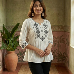 Off White Green Pure Cotton Ethnic Motifs Embroidered A-Line Short Kurti