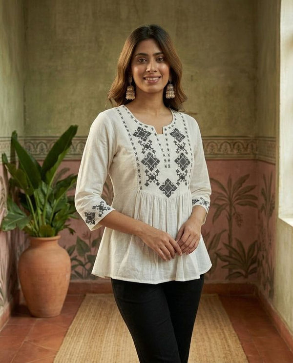 Off White Green Pure Cotton Ethnic Motifs Embroidered A-Line Short Kurti