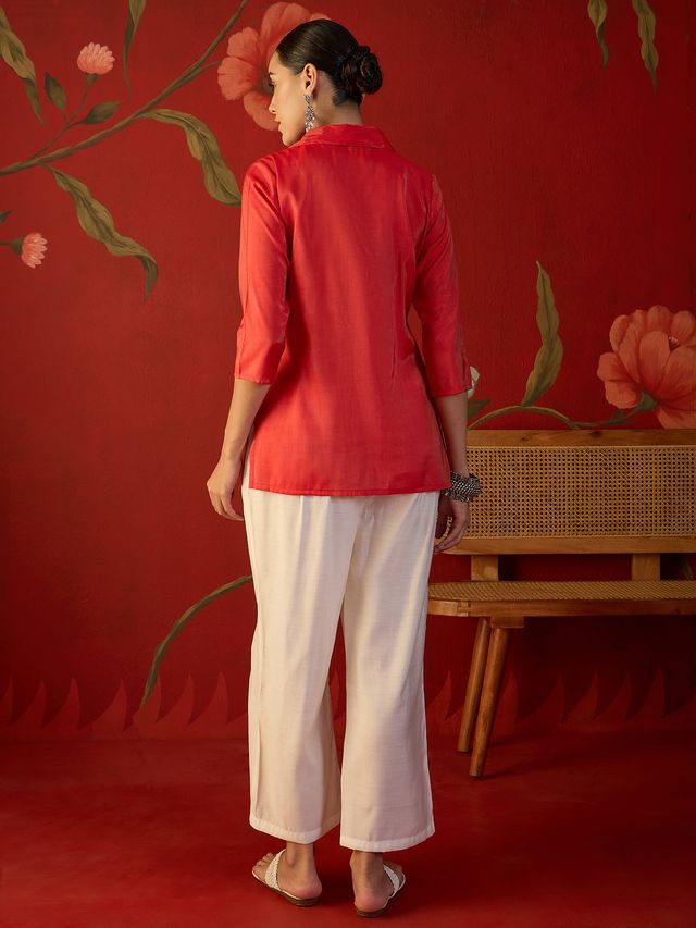 Rust Self Design Shirt Collar Tunic & Trouser Co-Ords