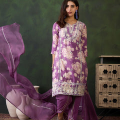 Floral Embroidered Round Neck Kurta With Dhoti Pants And Dupatta