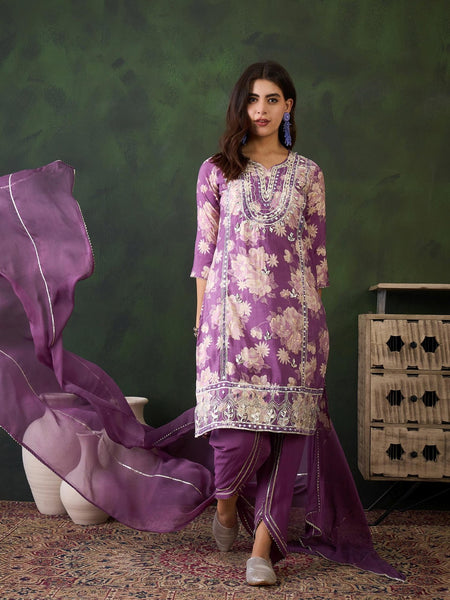 Floral Embroidered Notch Neck Straight Kurta With Trouser And Dupatta