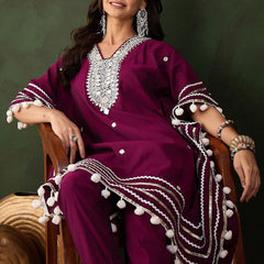 Purple Geometric Embroidered Mirror Work Roman Silk Kurta With Trouser