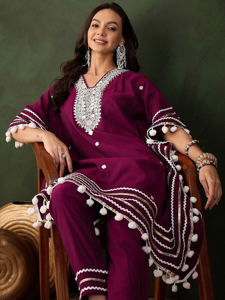 Purple Geometric Embroidered Mirror Work Roman Silk Kurta With Trouser