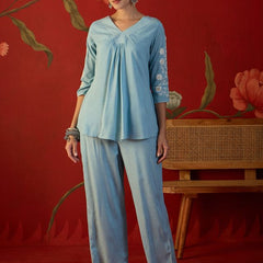Embroidered V-Neck Tunic With Trouser Co-Ords Set