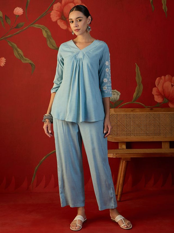 Embroidered V-Neck Tunic With Trouser Co-Ords Set