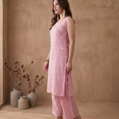 Pink Striped Print Pure Cotton Shoulder Straps Kurta & Trousers