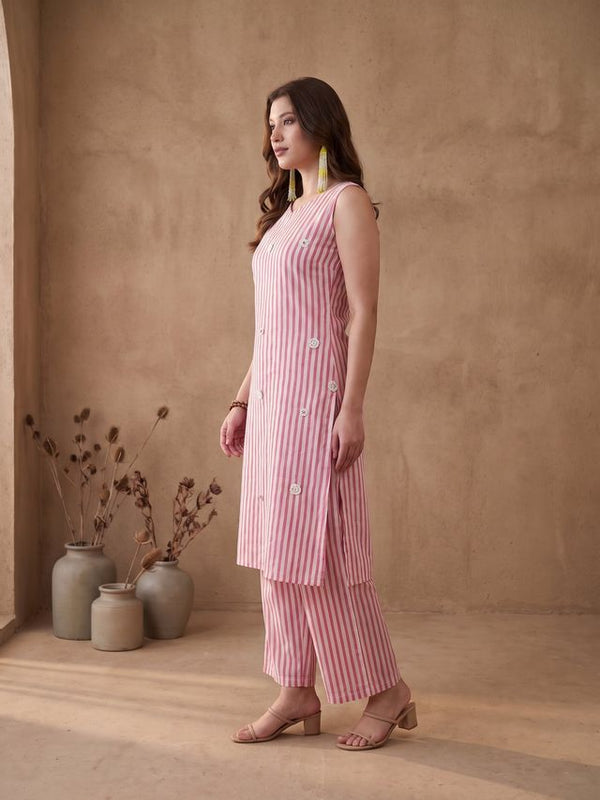Pink Striped Print Pure Cotton Shoulder Straps Kurta & Trousers