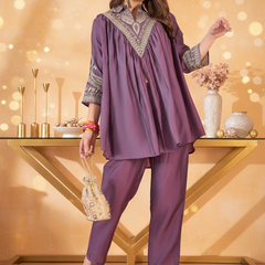 Floral Embellished Shirt Collar Tunic With Trouser Co-Ords Set