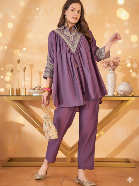 Floral Embellished Shirt Collar Tunic With Trouser Co-Ords Set