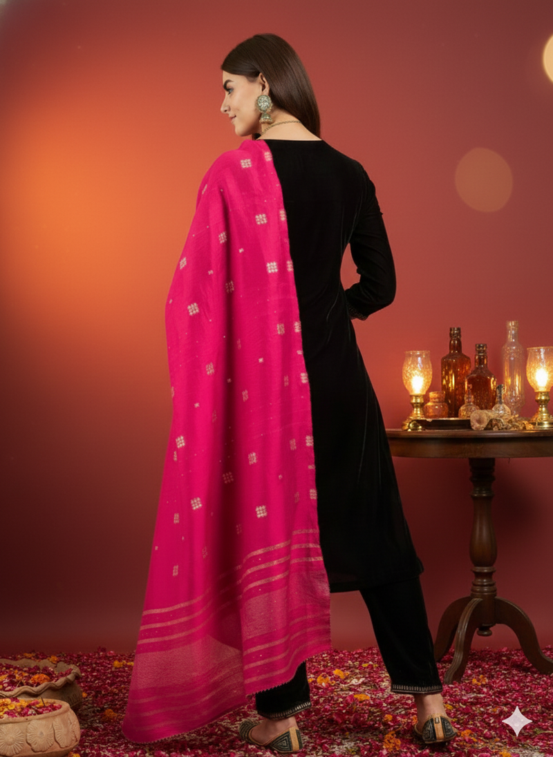 Black Ethnic Motifs Yoke Design Velvet Straight Kurta & Trouser With Dupatta Kurta Set