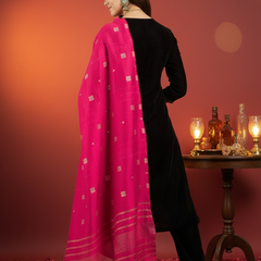 Black Ethnic Motifs Yoke Design Velvet Straight Kurta & Trouser With Dupatta Kurta Set
