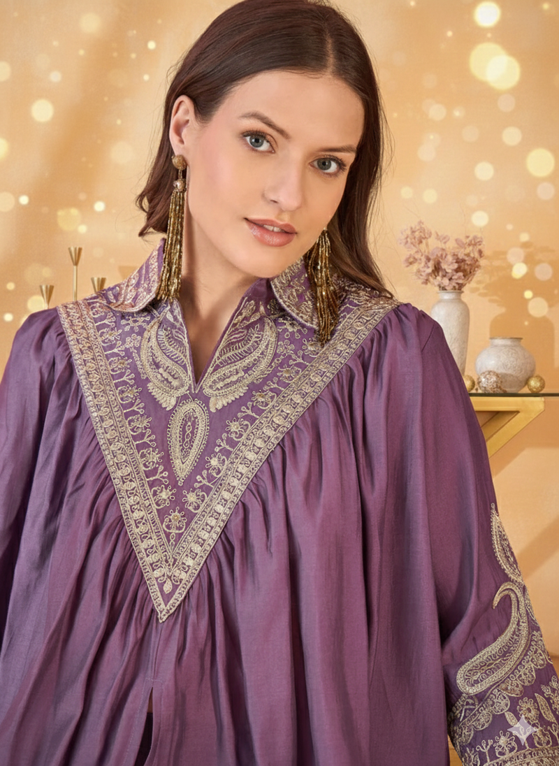 Floral Embellished Shirt Collar Tunic With Trouser Co-Ords Set