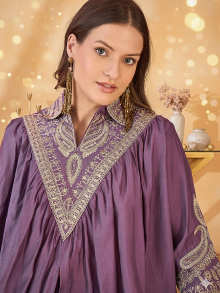 Floral Embellished Shirt Collar Tunic With Trouser Co-Ords Set