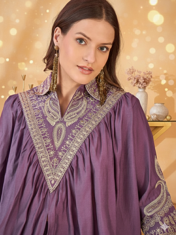 Wine Floral Embellished Shirt Collar Tunic With Trouser Co-Ords Set