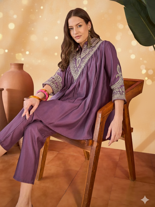 Wine Floral Embellished Shirt Collar Tunic With Trouser Co-Ords Set