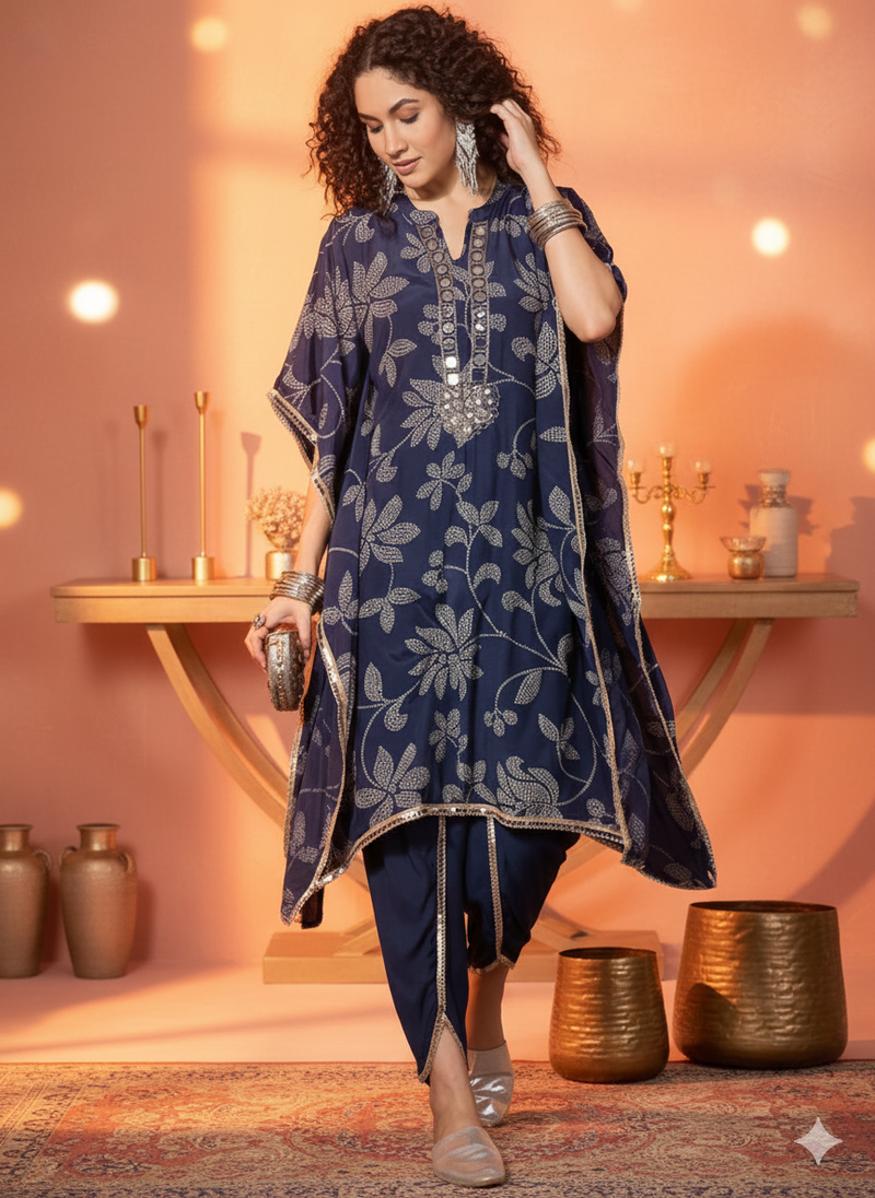 Floral Embroidered Regular Mirror Work Kaftan Kurta with Dhoti Pants