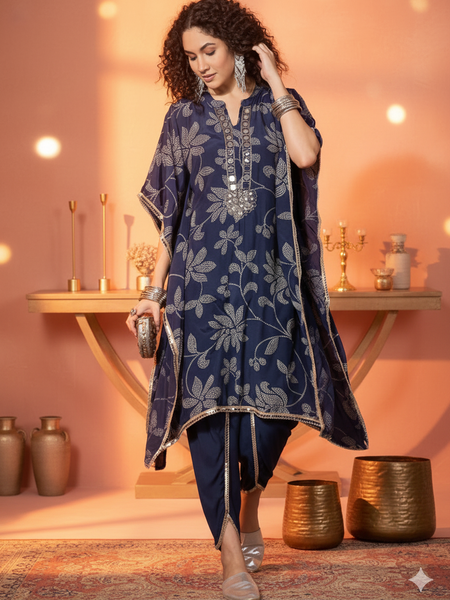 Floral Embroidered Regular Mirror Work Kaftan Kurta with Dhoti Pants