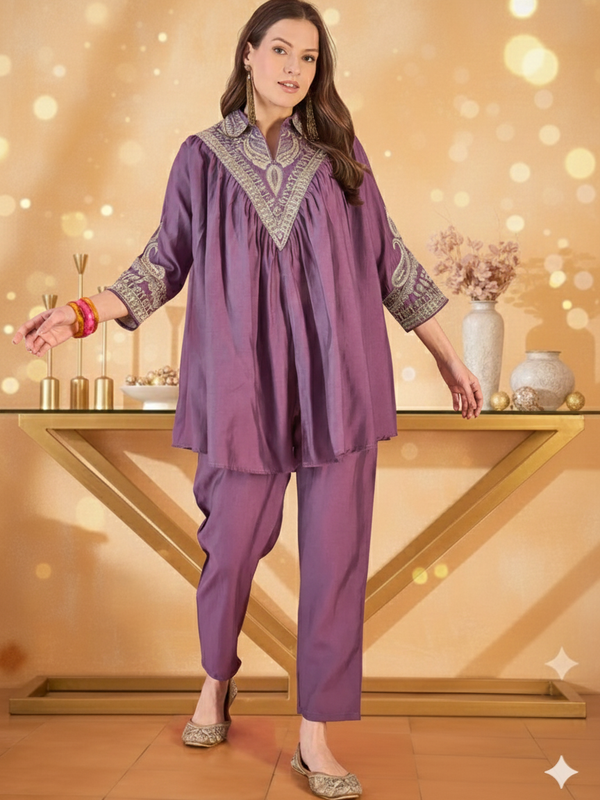 Wine Floral Embellished Shirt Collar Tunic With Trouser Co-Ords Set