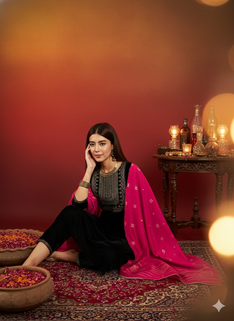 Black Ethnic Motifs Yoke Design Velvet Straight Kurta & Trouser With Dupatta Kurta Set