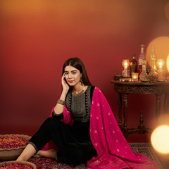 Black Ethnic Motifs Yoke Design Velvet Straight Kurta & Trouser With Dupatta Kurta Set