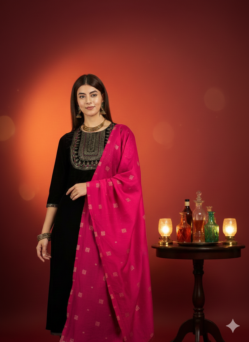 Black Ethnic Motifs Yoke Design Velvet Straight Kurta & Trouser With Dupatta Kurta Set