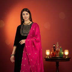 Black Ethnic Motifs Yoke Design Velvet Straight Kurta & Trouser With Dupatta Kurta Set