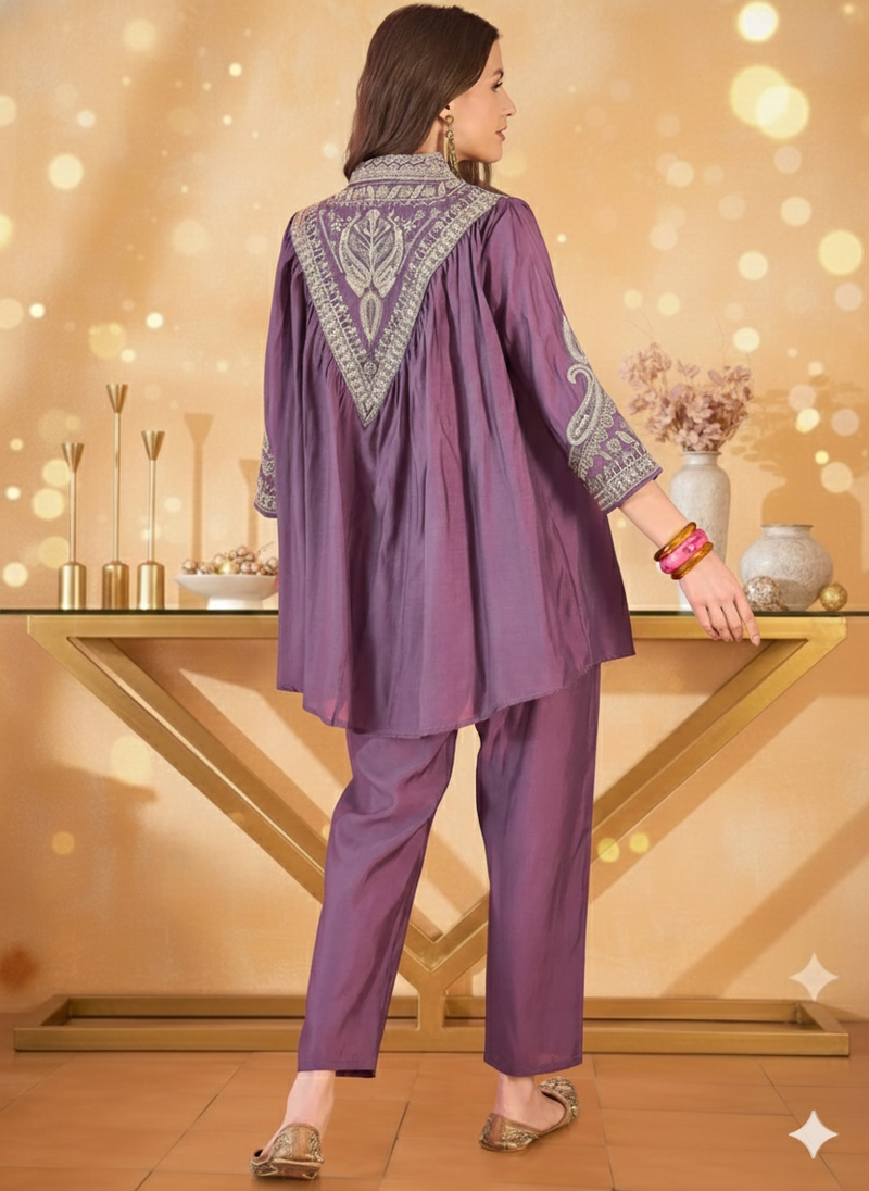 Floral Embellished Shirt Collar Tunic With Trouser Co-Ords Set