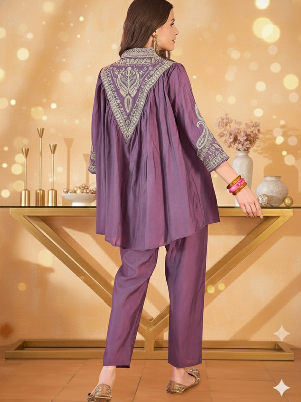 Wine Floral Embellished Shirt Collar Tunic With Trouser Co-Ords Set