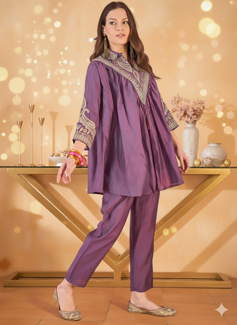 Floral Embellished Shirt Collar Tunic With Trouser Co-Ords Set