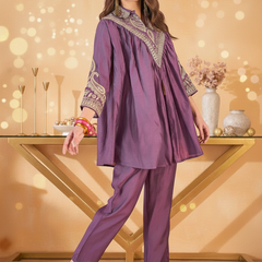 Floral Embellished Shirt Collar Tunic With Trouser Co-Ords Set