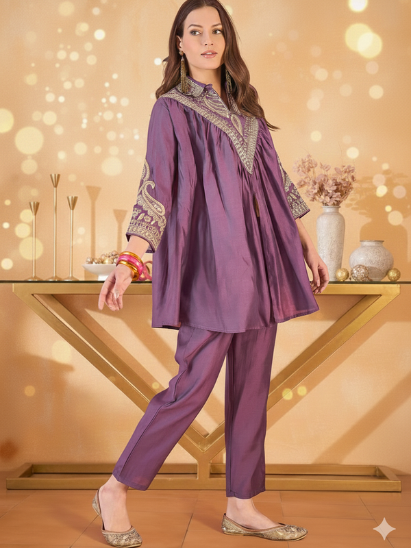 Wine Floral Embellished Shirt Collar Tunic With Trouser Co-Ords Set