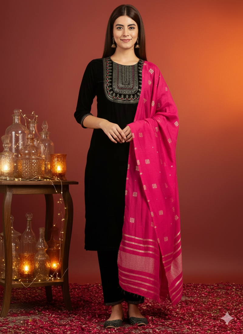 Black Ethnic Motifs Yoke Design Velvet Straight Kurta & Trouser With Dupatta Kurta Set