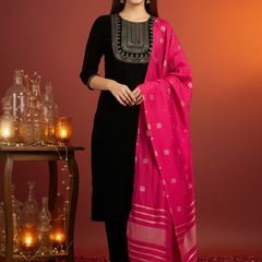 Black Ethnic Motifs Yoke Design Velvet Straight Kurta & Trouser With Dupatta Kurta Set