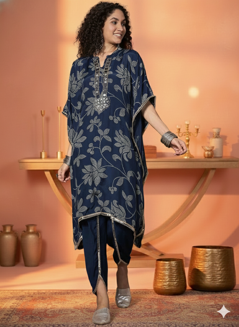 Floral Embroidered Regular Mirror Work Kaftan Kurta with Dhoti Pants