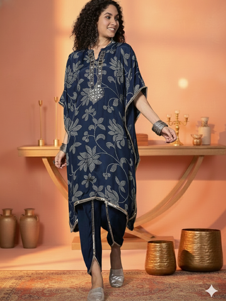 Floral Embroidered Regular Mirror Work Kaftan Kurta with Dhoti Pants