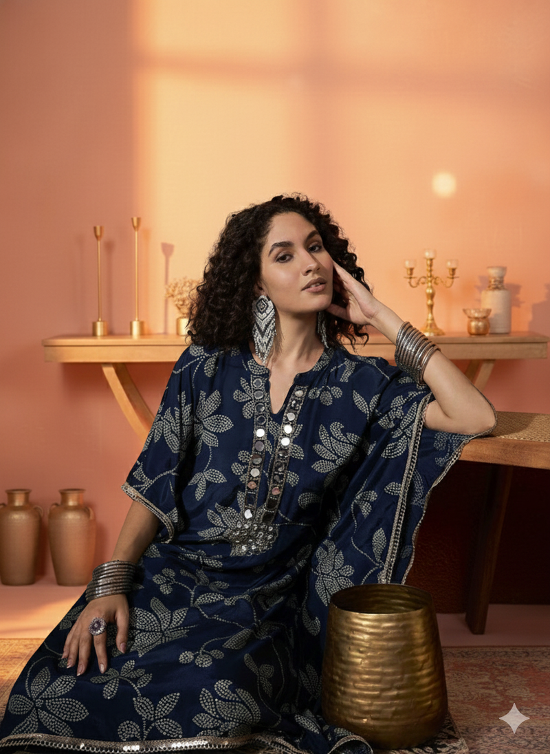 Floral Embroidered Regular Mirror Work Kaftan Kurta with Dhoti Pants