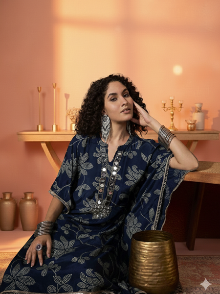 Floral Embroidered Regular Mirror Work Kaftan Kurta with Dhoti Pants