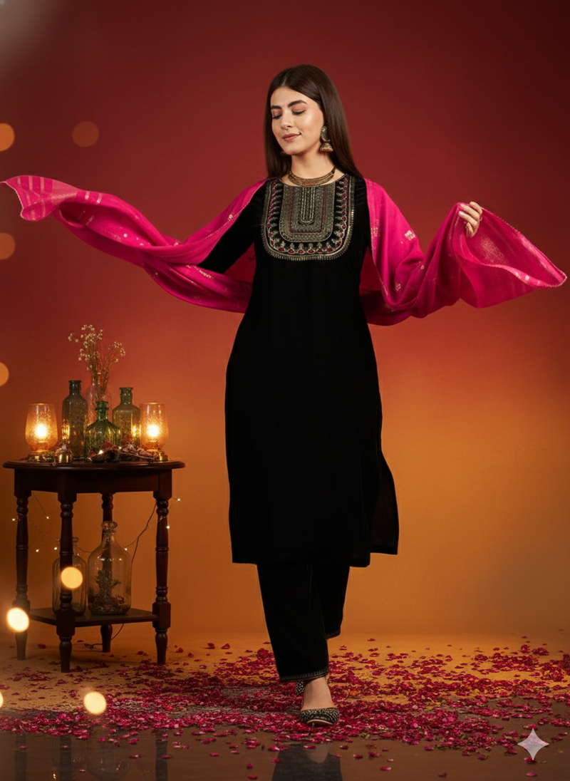 Black Ethnic Motifs Yoke Design Velvet Straight Kurta & Trouser With Dupatta Kurta Set