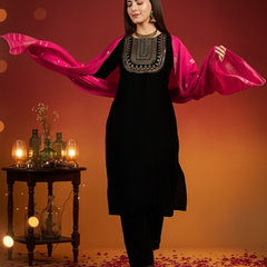 Black Ethnic Motifs Yoke Design Velvet Straight Kurta & Trouser With Dupatta Kurta Set