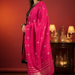 Black Ethnic Motifs Yoke Design Velvet Straight Kurta & Trouser With Dupatta Kurta Set