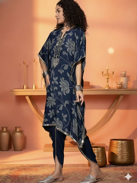 Floral Embroidered Regular Mirror Work Kaftan Kurta with Dhoti Pants