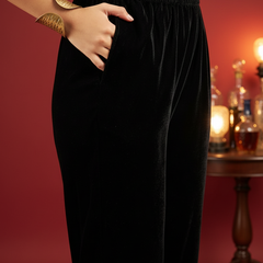 Black Ethnic Motifs Yoke Design Velvet Straight Kurta & Trouser With Dupatta Kurta Set