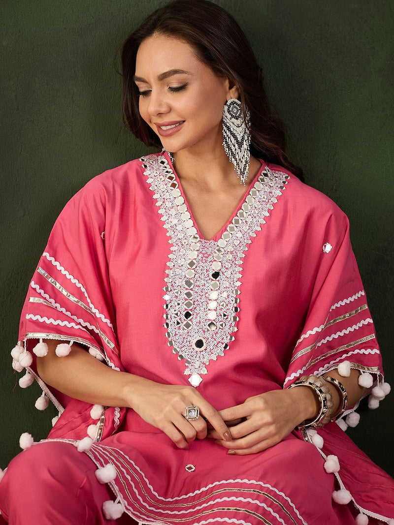 Geometric Embroidered & Mirror Work Kaftan Kurta With Trouser