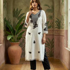 Off White Floral Printed Straight Kurtas