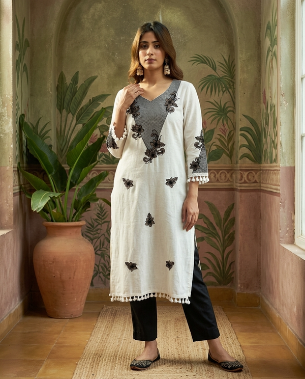 Off White Floral Printed Straight Kurtas